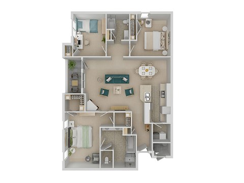 A top-down view of a small apartment layout with a kitchen, living room, and bathroom.